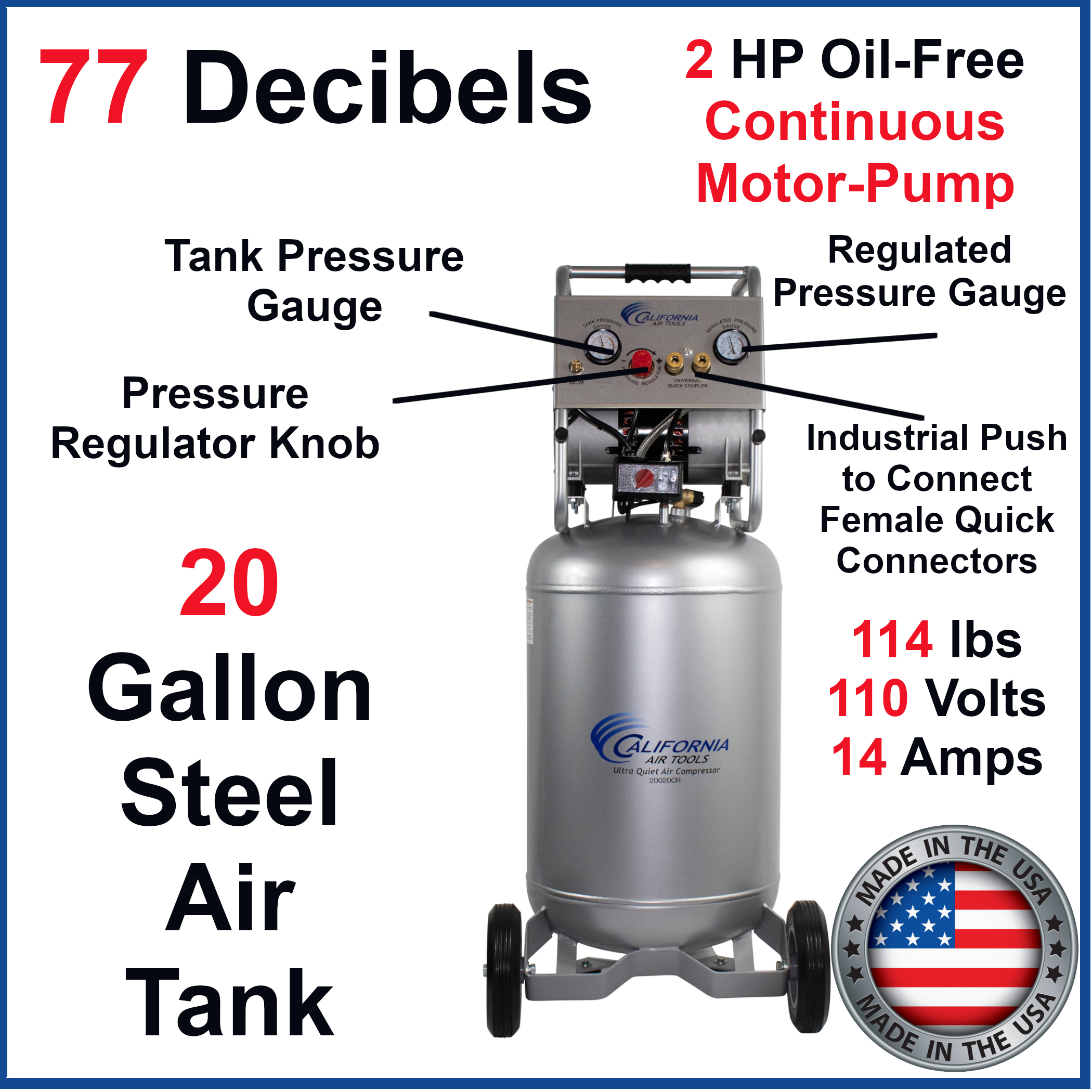CALIFORNIA AIR TOOLS 20020CR Ultra Quiet & Oil-Free CONTINUOUS RUN (100% Duty Cycle) 2.0 Hp 20 Gallon Air Compressor - Image 10